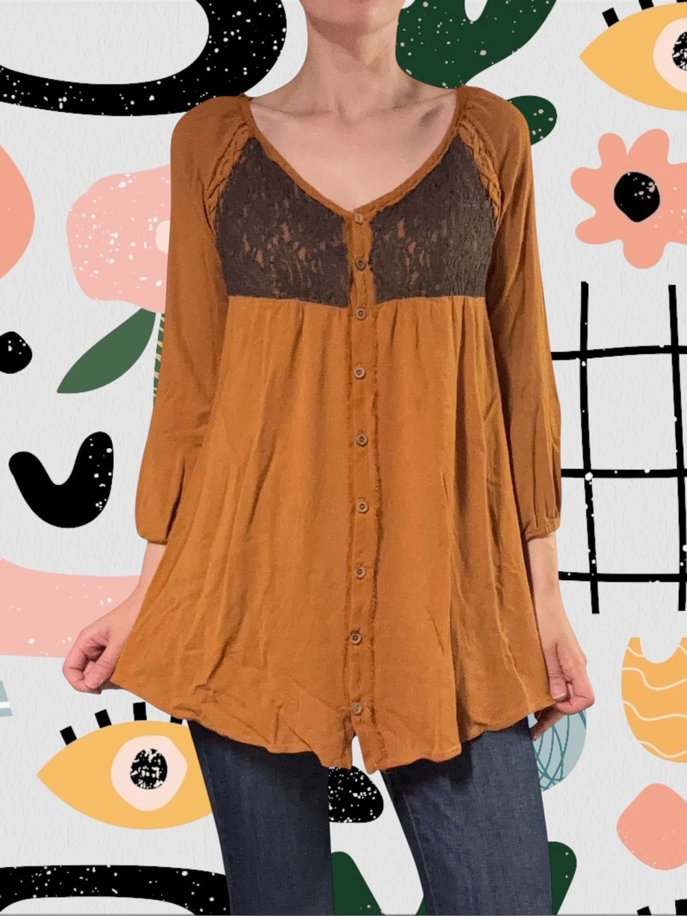 Aakaa | Burnt Orange Boho Crochet Button Front Flowy Babydoll Top